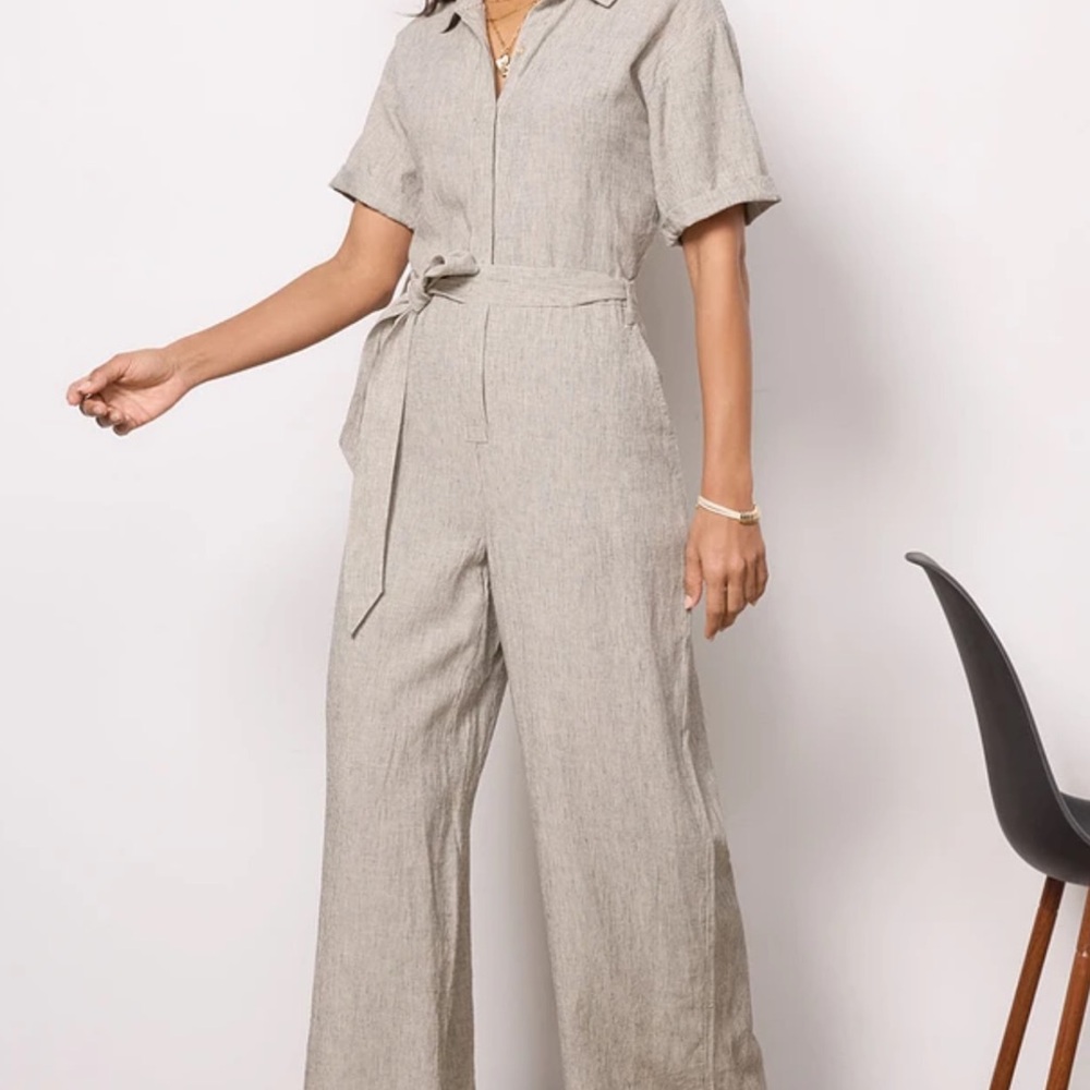 Z Supply Helena Wide Leg Jumpsuit S Black White Pinstripe Linen Pockets NWOT